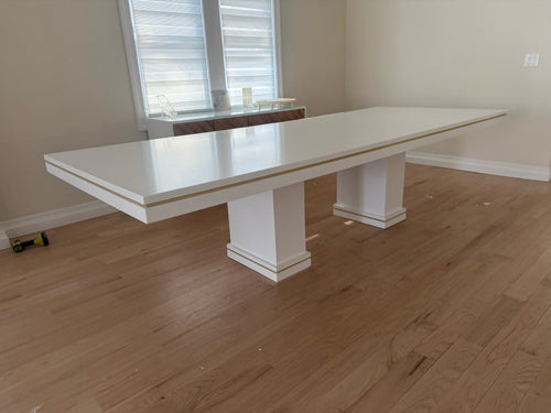 10 Foot White Wood Dining Table with Gold/Brass Inlay Border with pedestal bases - Whatadeal Furniture