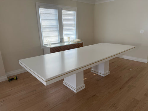 10 Foot White Wood Dining Table with Gold/Brass Inlay Border with pedestal bases - Whatadeal Furniture