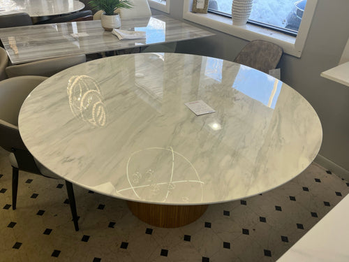 60" Round Carrera Marble Veneer Table with Fluted wood base - Whatadeal Furniture