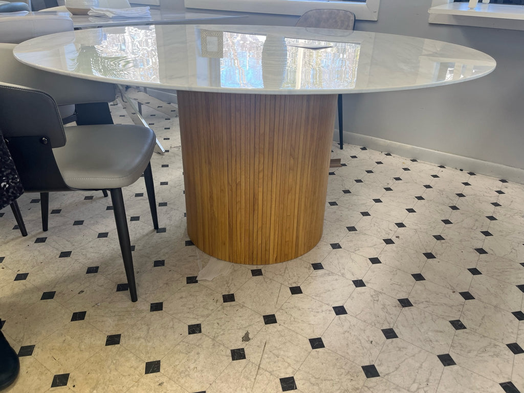 60" Round Carrera Marble Veneer Table with Fluted wood base - Whatadeal Furniture