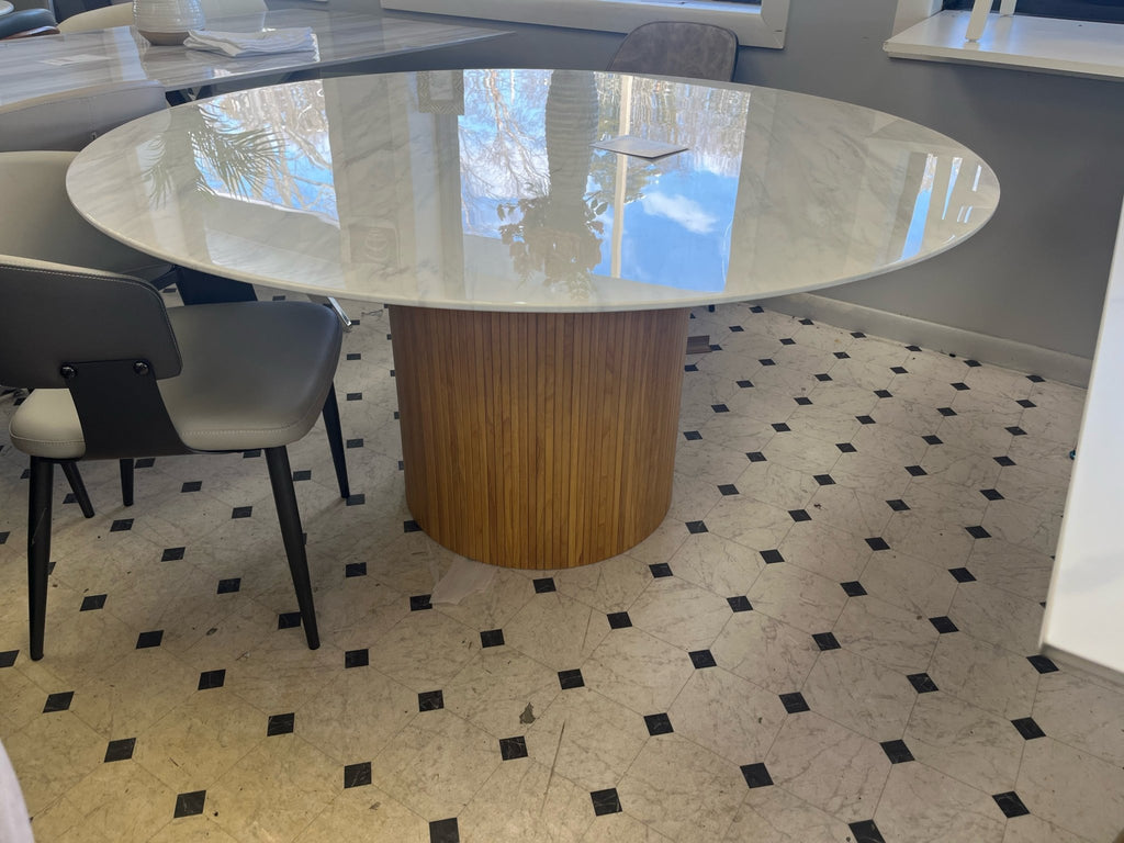 60" Round Carrera Marble Veneer Table with Fluted wood base - Whatadeal Furniture