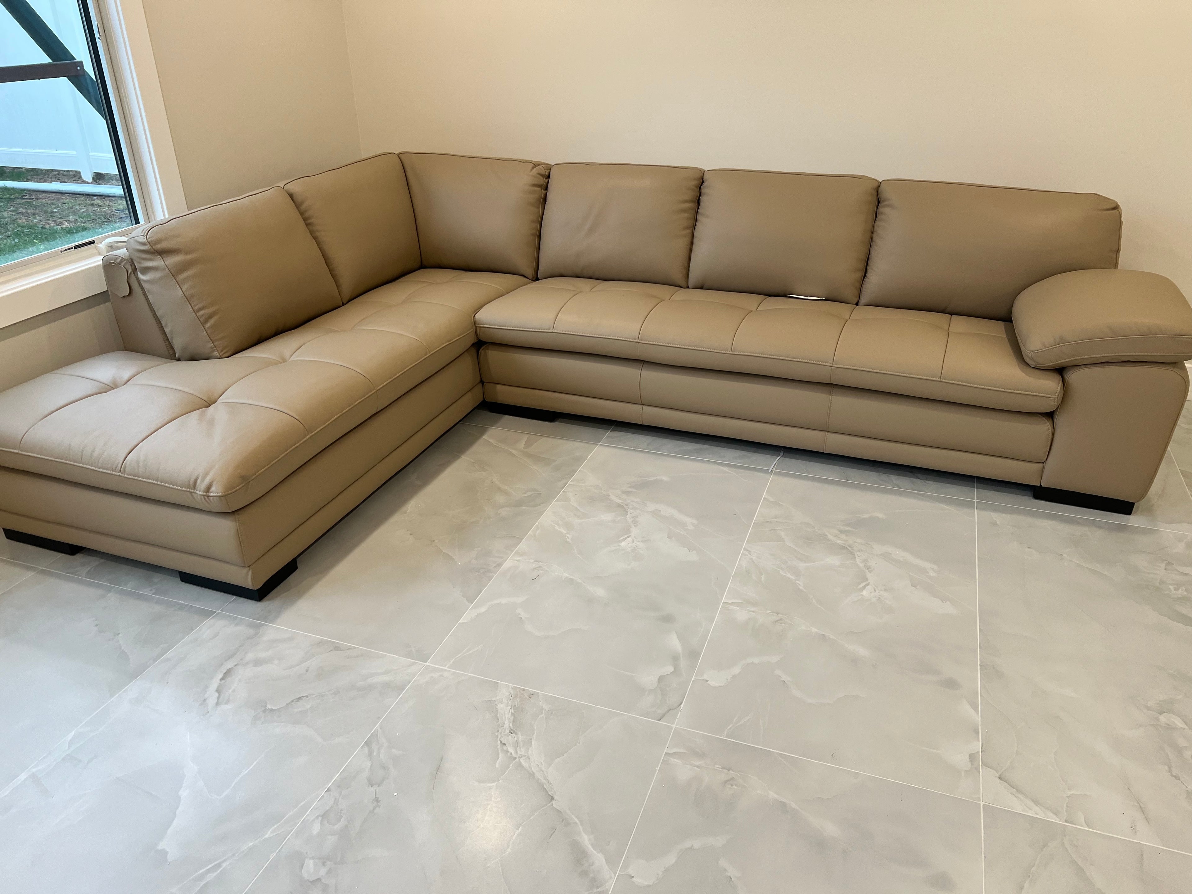 Aria Genuine Leather Taupe Sectional with Left Facing Chaise