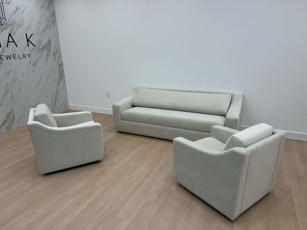 Kanefsky 87" Soft Cream Velvet Sofa and Matching swivel chairs - Whatadeal Furniture